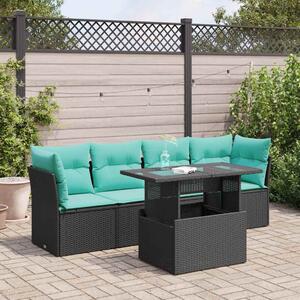 5 részes fekete polyrattan akácfa kerti kanapészett párnákkal