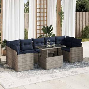 8 részes szürke polyrattan akácfa kerti ülőgarnitúra párnákkal