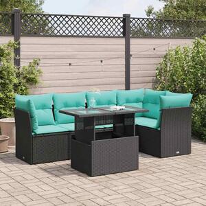 6 részes fekete polyrattan akácfa kerti ülőgarnitúra párnákkal