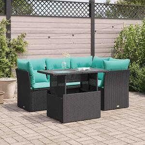 5 részes fekete polyrattan akácfa kerti kanapészett párnákkal