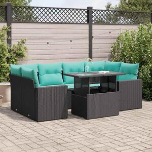 7 részes fekete polyrattan akácfa kerti ülőgarnitúra párnával