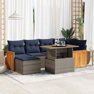 7 részes fekete polyrattan akácfa kerti ülőgarnitúra párnával