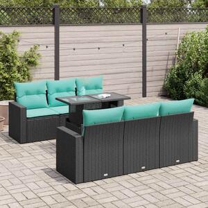 7 részes fekete polyrattan akácfa kerti ülőgarnitúra párnával