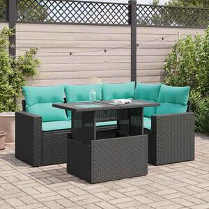 5 részes fekete polyrattan akácfa kerti kanapészett párnákkal