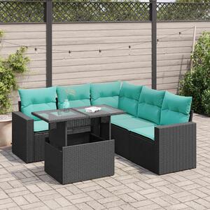 6 részes fekete polyrattan akácfa kerti ülőgarnitúra párnákkal