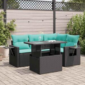 5 részes fekete polyrattan akácfa kerti ülőgarnitúra párnával