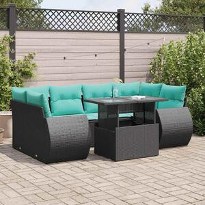 7 részes fekete polyrattan akácfa kerti ülőgarnitúra párnával