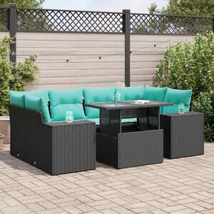 7 részes fekete polyrattan akácfa kerti ülőgarnitúra párnával