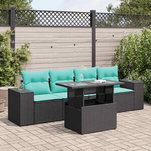 5 részes fekete polyrattan akácfa kerti kanapészett párnákkal