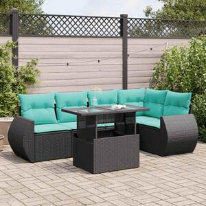 6 részes fekete polyrattan akácfa kerti ülőgarnitúra párnákkal