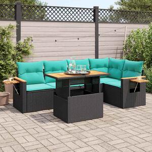 6 részes fekete polyrattan akácfa kerti ülőgarnitúra párnákkal