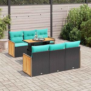 7 részes fekete polyrattan akácfa kerti ülőgarnitúra párnával