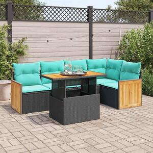 6 részes fekete polyrattan akácfa kerti ülőgarnitúra párnákkal