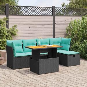 6 részes fekete polyrattan akácfa kerti ülőgarnitúra párnákkal