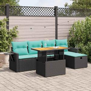 6 részes fekete polyrattan akácfa kerti ülőgarnitúra párnákkal