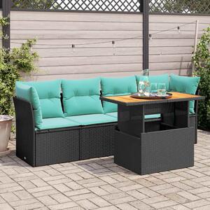 5 részes fekete polyrattan kerti kanapészett párnákkal