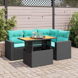 5 részes fekete polyrattan kerti kanapészett párnákkal