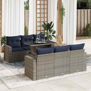 7 részes szürke polyrattan akácfa kerti ülőgarnitúra párnákkal