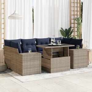 7 részes szürke polyrattan akácfa kerti ülőgarnitúra párnákkal