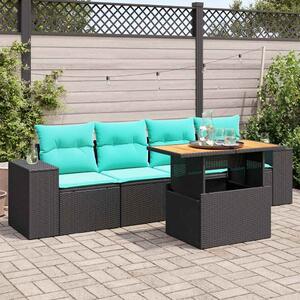 5 részes fekete polyrattan kerti kanapészett párnákkal