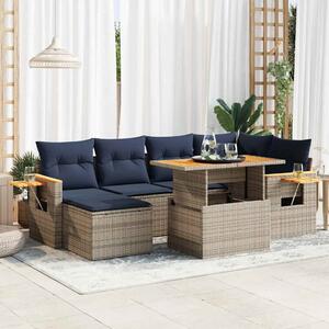 7 részes fekete polyrattan akácfa kerti ülőgarnitúra párnával
