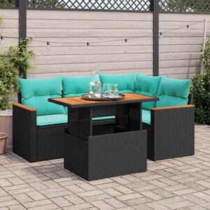 5 részes fekete polyrattan kerti kanapészett párnákkal
