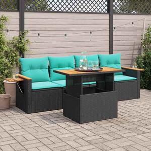 5 részes fekete polyrattan kerti kanapészett párnákkal