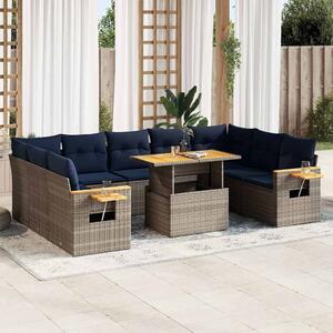 10 részes szürke polyrattan akácfa kerti ülőgarnitúra párnákkal