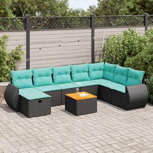 9 részes fekete polyrattan kerti ülőgarnitúra párnákkal