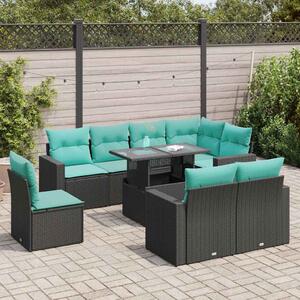9 részes fekete polyrattan akácfa kerti ülőgarnitúra párnákkal