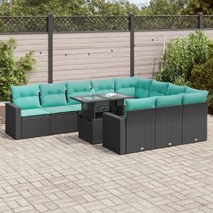 11 részes fekete polyrattan akácfa kerti ülőgarnitúra párnákkal