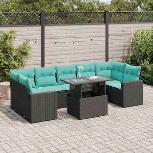 8 részes fekete polyrattan akácfa kerti ülőgarnitúra párnákkal