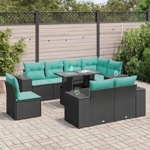 9 részes fekete polyrattan akácfa kerti ülőgarnitúra párnákkal