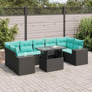 8 részes fekete polyrattan akácfa kerti ülőgarnitúra párnákkal
