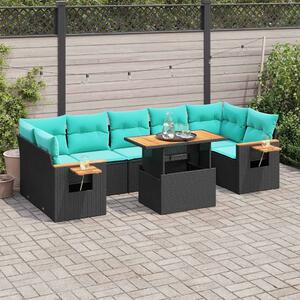 8 részes fekete polyrattan kerti ülőgarnitúra párnákkal