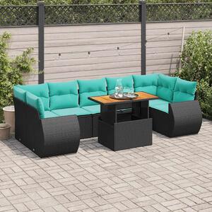 8 részes fekete polyrattan kerti ülőgarnitúra párnákkal