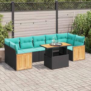 10 részes fekete polyrattan akácfa kerti ülőgarnitúra párnákkal