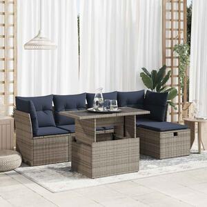 6 részes szürke polyrattan akácfa kerti ülőgarnitúra párnákkal