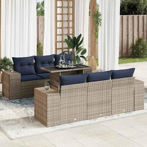 7 részes szürke polyrattan akácfa kerti ülőgarnitúra párnákkal