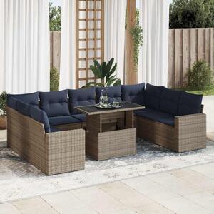 10 részes szürke polyrattan akácfa kerti ülőgarnitúra párnákkal
