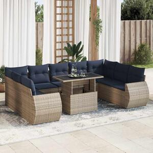 10 részes szürke polyrattan akácfa kerti ülőgarnitúra párnákkal