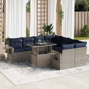 9 részes szürke polyrattan akácfa kerti ülőgarnitúra párnákkal