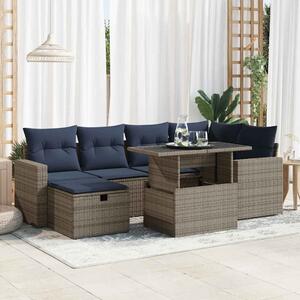 7 részes szürke polyrattan akácfa kerti ülőgarnitúra párnákkal