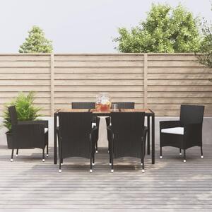 7 részes fekete polyrattan kerti étkezőgarnitúra párnával