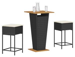 3 részes fekete polyrattan kerti bárszett párnával