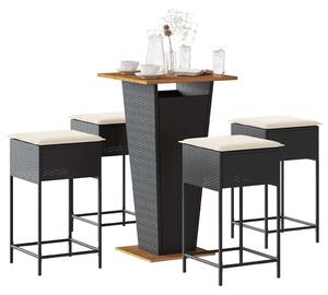 5 részes fekete polyrattan kerti bárszett párnával