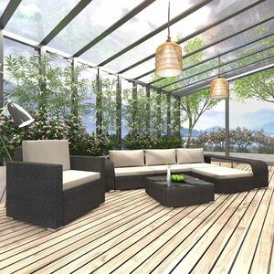 8 részes fekete polyrattan kerti bútorszett párnákkal