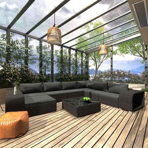 10 részes fekete polyrattan kerti ülőgarnitúra párnákkal