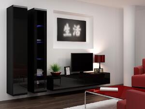 ASHTON 3 nappali fal kék LED világítással - fekete / fényes fekete