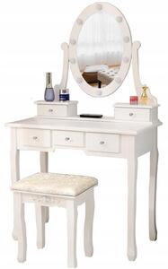 Luxuskivitelű fehér fésülködőasztal világítással és zsámollyal
